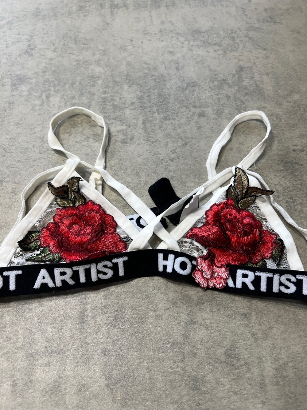 SHEIN White Lace Bralette with Red Rose Embroidery and Black Branded Band